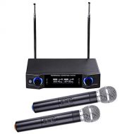 Nitipezzo LCD Display Audio 2 Channel UHF Handheld Wireless Microphone System With 2 Mic Home Karaoke Singing Party Office meeting