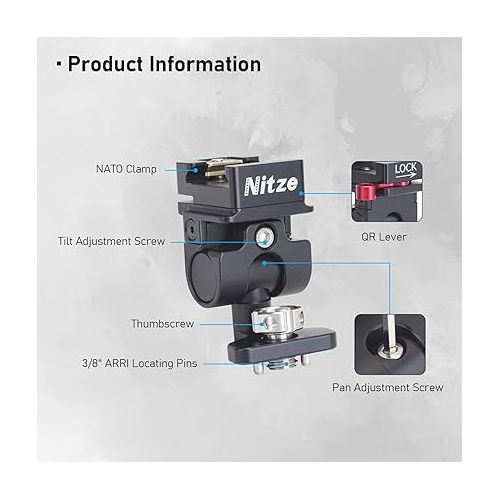  Nitze Camera Monitor Mount 180° Tilt and 360° Swivel Monitor Holder (3/8 ARRI Locating Pins to Quick Release NATO Clamp) - N54-H1