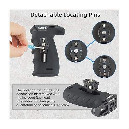  Nitze Ergonomic Side Handle with 1/4” Screw and Detachable Locating Pins, Left/Right Locating Side Handle for Camera and Monitor Rigs - PA29D