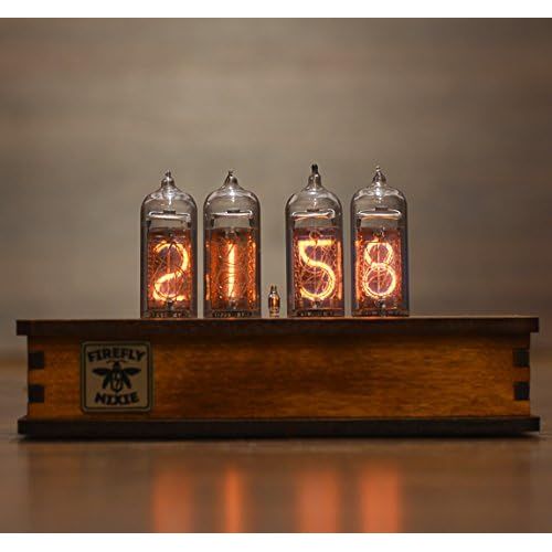  VintageTubeClocks Nixie Tube Clock 4x IN-14 Nixie Tubes Vintage Retro Desk Clock Fully Assembled and Tested Wooden Alder Case Firefly