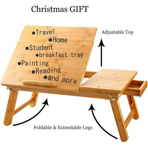  [아마존베스트]Nnewvante Lap Desk Bed Tray Table Kid-Size Adjustable 100% Bamboo Portable Breakfast Serving Lap Table w Tilting for Reading Writing Playing