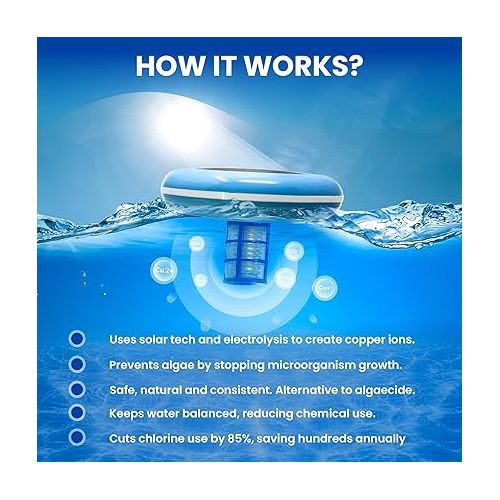  Original Solar Pool Ionizer, Copper Ionization - Eliminate Algae | Keeps Pool Cleaner and Clear, 85% Less Chlorine, Solar Pool Cleaner, Free Buddy Band, Up to 35,000 Gal, Lifetime Replacement Program