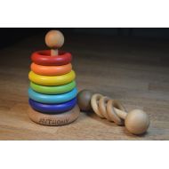 HouseMountainNatural Montessori Baby Gift Set Organic Personalized Stacking Toy and Rattle (Please read description for size)