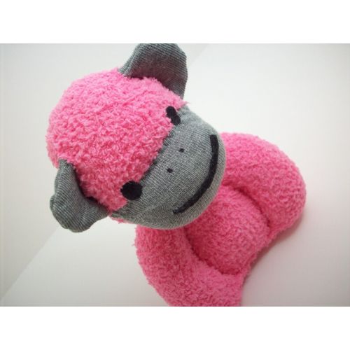  Warmpersonality Baby safe sock monkey plush stuffed toy in pink and deep grey, boutique quality baby toy, child safe sock monkey toy for babies and toddlers