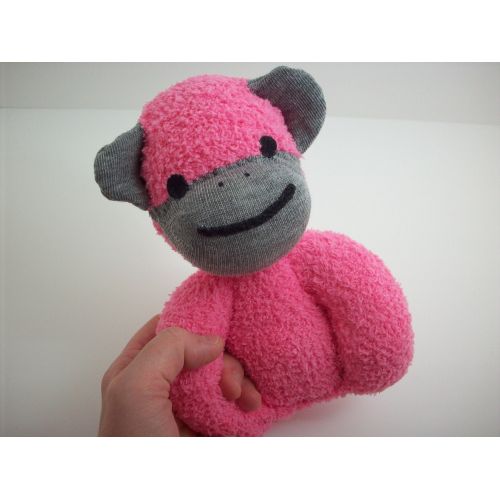  Warmpersonality Baby safe sock monkey plush stuffed toy in pink and deep grey, boutique quality baby toy, child safe sock monkey toy for babies and toddlers