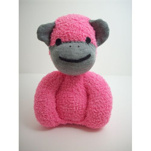  Warmpersonality Baby safe sock monkey plush stuffed toy in pink and deep grey, boutique quality baby toy, child safe sock monkey toy for babies and toddlers