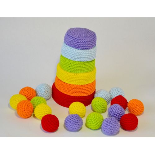  Educationtoys Crochet bowls and balls, Rainbow sorting and colour matching, Set of 6 Rainbow Nesting Bowls, Sorting Bowls with Balls, Colour sorting toy