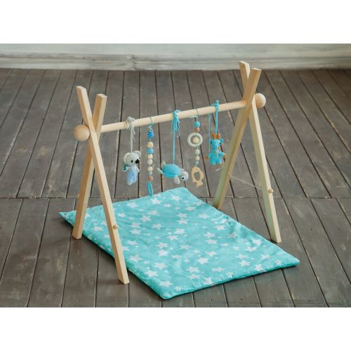  BambyGym Wooden Baby gym, Blue Tropical baby gym with toys & mat, Toddler gym, baby gym frame, baby play gym, baby activity gym, toddler play gym