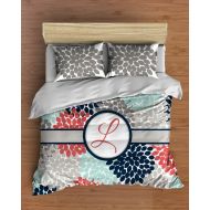 SwirledPeasDesigns Custom Floral Dahlia Bedding in Comforter or Duvet style features Navy Coral and Aqua! Your Bedding Personalized with a Monogram