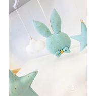 /Petit13Or Mobile musical Bunny mint green glitter gold, cloud white velvet, beads, see melody choices