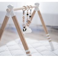 /CotandCot Gym & Toys SET natural wood with white baby gym - Wooden play gym and silicon wooden teething toys - GYM with hangers and baby gym toys