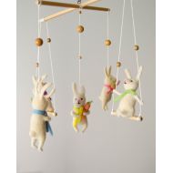 /FeltAndPet Bunny Big Mobile for baby, needlefelted nursery mobile with bunnies and carrots and swinging bunnies, nursery decor