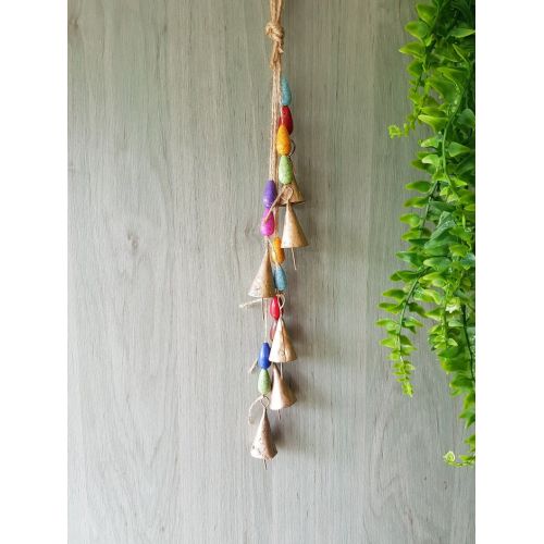  NoBrand Windchime with hanging bronze rustic cattle bells and large colorful crackle beads, brass gold metal, swiss cow bell whimsical ethnic unique