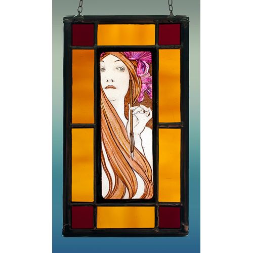  NoBrand Mucha, girl with pen, Mucha kilnfired stained glass, Mucha suncatcher, Mucha girl, Mucha, Mucha vitrail, Mucha Femme a la Plume, Mucha plume