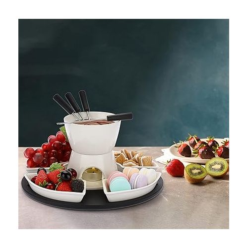  SUMNACON Keramike Chocolate Fondue Pot Set with Wooden Palette, 4 Forks, 4 Plates, Chocolate Fondue Set, Cheese Fondue for Chocolate, Cheese, Fondue, Family Dinner, Dessert, Picnics, Birthday Parties,