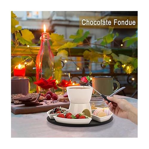  SUMNACON Keramike Chocolate Fondue Pot Set with Wooden Palette, 4 Forks, 4 Plates, Chocolate Fondue Set, Cheese Fondue for Chocolate, Cheese, Fondue, Family Dinner, Dessert, Picnics, Birthday Parties,