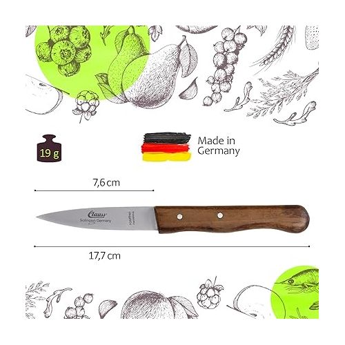  Clauss Solingen CL-20007 Kitchen Knife, Vegetable Knife Small with Ergonomic Wooden Handle Made of Black Walnut and Double Rivet Pins, Sharp Medium Pointed Blade, 18 cm