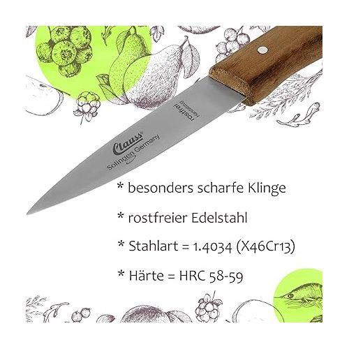  Clauss Solingen CL-20007 Kitchen Knife, Vegetable Knife Small with Ergonomic Wooden Handle Made of Black Walnut and Double Rivet Pins, Sharp Medium Pointed Blade, 18 cm