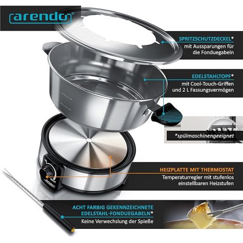  Arendo - Electric Fondue Set, Cheese Fondue, Chocolate Fondue or Oil/Broth Fondue, Includes 8 Coloured Forks, Dishwasher Safe 2L Stainless Steel Pot, 1000W