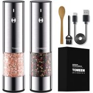 Electric Salt and Pepper Mills Set of 2 Stainless Steel (Rechargeable, LED Lighting, with Adjustable Ceramic Grinder, Cleaning Brush Brush, Wooden Spoon) Spice Mill Electric