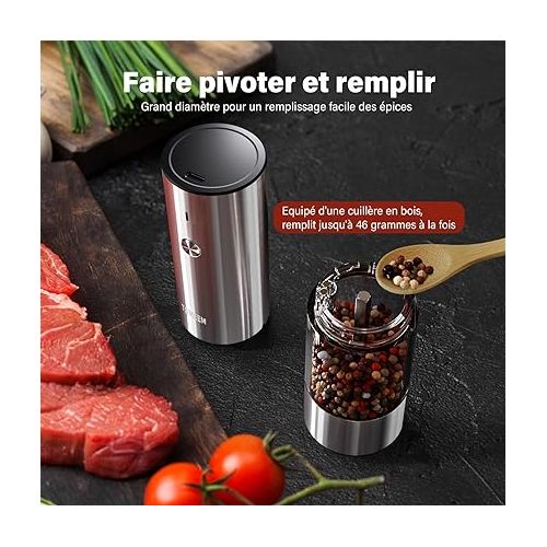  Electric Salt and Pepper Mills Set of 2 Stainless Steel (Rechargeable, LED Lighting, with Adjustable Ceramic Grinder, Cleaning Brush Brush, Wooden Spoon) Spice Mill Electric