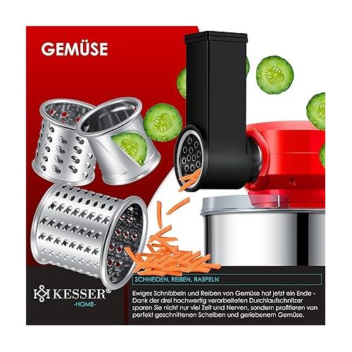  KESSER® 3-in-1 Universal Food Processor K-KM 3000 with Meat Grinder Kneading Machine Multifunctional Mixing Machine 5.5 L Bowl with 3 Mixing Tools, 1.5 L Juicer, Sausage Set, Pasta & Cookie Moulds Red