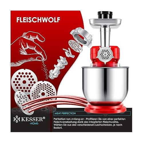  KESSER® 3-in-1 Universal Food Processor K-KM 3000 with Meat Grinder Kneading Machine Multifunctional Mixing Machine 5.5 L Bowl with 3 Mixing Tools, 1.5 L Juicer, Sausage Set, Pasta & Cookie Moulds Red