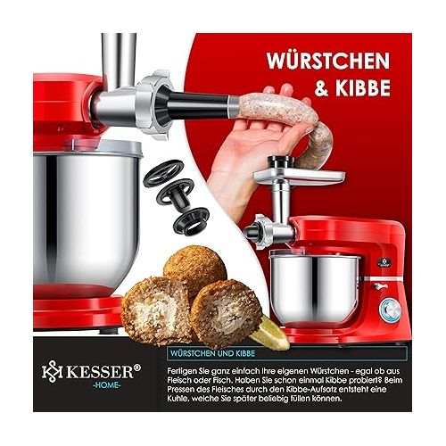  KESSER® 3-in-1 Universal Food Processor K-KM 3000 with Meat Grinder Kneading Machine Multifunctional Mixing Machine 5.5 L Bowl with 3 Mixing Tools, 1.5 L Juicer, Sausage Set, Pasta & Cookie Moulds Red