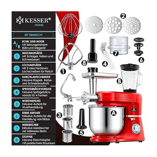  KESSER® 3-in-1 Universal Food Processor K-KM 3000 with Meat Grinder Kneading Machine Multifunctional Mixing Machine 5.5 L Bowl with 3 Mixing Tools, 1.5 L Juicer, Sausage Set, Pasta & Cookie Moulds Red