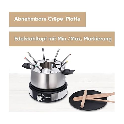  SEVERIN Fondue/Crepe Maker Combination, Dishwasher Safe Fondue Set with 8 Colour-Coded Forks, Stainless Steel, for Fondue or Crepes, Black, FO 2471, 26