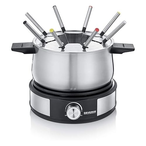  SEVERIN Fondue/Crepe Maker Combination, Dishwasher Safe Fondue Set with 8 Colour-Coded Forks, Stainless Steel, for Fondue or Crepes, Black, FO 2471, 26