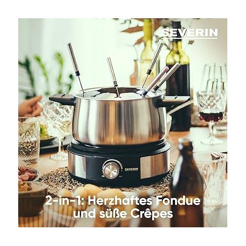  SEVERIN Fondue/Crepe Maker Combination, Dishwasher Safe Fondue Set with 8 Colour-Coded Forks, Stainless Steel, for Fondue or Crepes, Black, FO 2471, 26