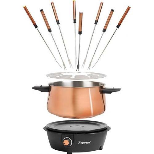  Bestron Electric Fondue Set for up to 8 People with 8x Fondue Forks and Continuous Thermostat, Includes Splash Guard, Colour: Copper