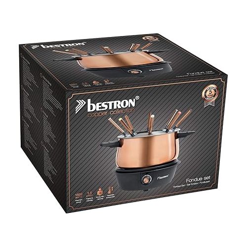  Bestron Electric Fondue Set for up to 8 People with 8x Fondue Forks and Continuous Thermostat, Includes Splash Guard, Colour: Copper