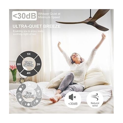  MSHENUED Ceiling Fan with Remote Control without Lighting, Wooden Outdoor Fan, Quiet Ceiling Fan with 6-Speed DC Motor, Timer, Suitable for Summer and Winter (132 cm Brown)