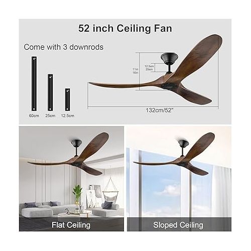  MSHENUED Ceiling Fan with Remote Control without Lighting, Wooden Outdoor Fan, Quiet Ceiling Fan with 6-Speed DC Motor, Timer, Suitable for Summer and Winter (132 cm Brown)