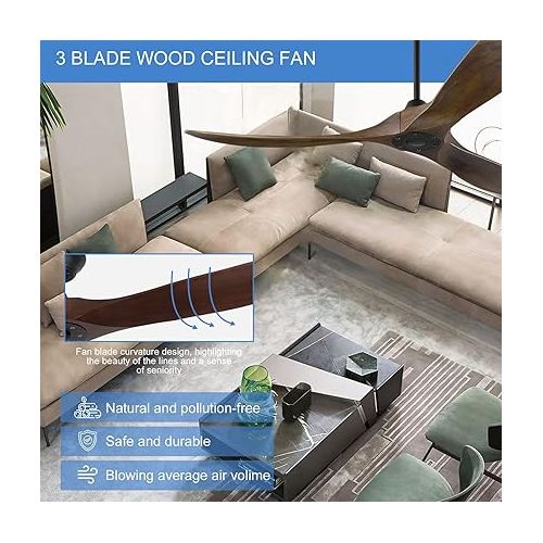  MSHENUED Ceiling Fan with Remote Control without Lighting, Wooden Outdoor Fan, Quiet Ceiling Fan with 6-Speed DC Motor, Timer, Suitable for Summer and Winter (132 cm Brown)