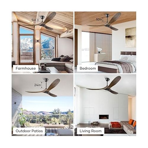  MSHENUED Ceiling Fan with Remote Control without Lighting, Wooden Outdoor Fan, Quiet Ceiling Fan with 6-Speed DC Motor, Timer, Suitable for Summer and Winter (132 cm Brown)