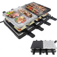 Froadp Raclette Grill with Natural Grill Stone and Grill Plate Non-Stick Coating Table Grill Electric 8 Pans and Wooden Spatula Continuously Adjustable Temperature Electric Grill for Indoor and