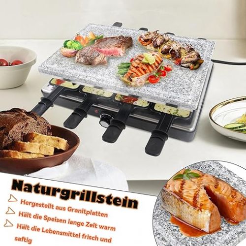  Froadp Raclette Grill with Natural Grill Stone and Grill Plate Non-Stick Coating Table Grill Electric 8 Pans and Wooden Spatula Continuously Adjustable Temperature Electric Grill for Indoor and