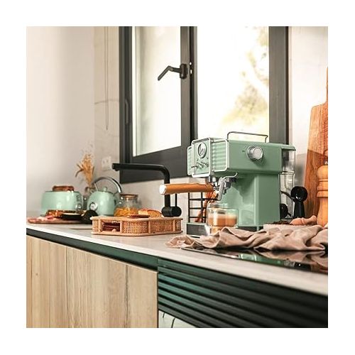  Cecotec Espressomaschine Power Espresso 20 Tradizionale Light Green, 1350 W, Espresso und Cappuccino, 20 Bar und Thermoblock, Dampfauslass, Manometer, Vintage-Design, Fassungsvermogen 1,5 Liter