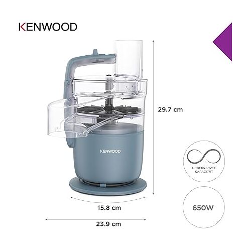  Kenwood MultiPro Go FDP22.130GY Compact Food Processor Only 30 cm High for Cutting, Grating, Pureeing and Kneading Dough, Express Serve, 1.3 L Work Container, 650 W, Blue