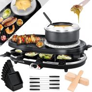 KESSER® 3-in-1 raclette grill with natural grill stone, grill plate and fondue, table grill for 8 people, electric grill raclette grill non-stick grill plate, 8 pans and wooden spatula