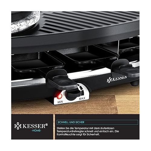  KESSER® 3-in-1 raclette grill with natural grill stone, grill plate and fondue, table grill for 8 people, electric grill raclette grill non-stick grill plate, 8 pans and wooden spatula