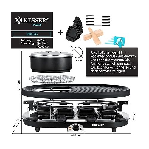  KESSER® 3-in-1 raclette grill with natural grill stone, grill plate and fondue, table grill for 8 people, electric grill raclette grill non-stick grill plate, 8 pans and wooden spatula