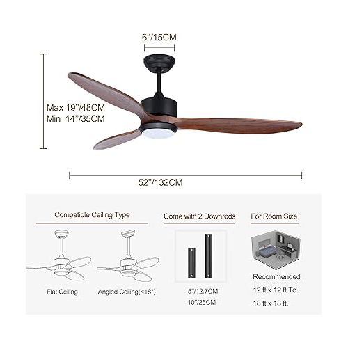  Ovlaim 132 cm Wooden Ceiling Fan with LED Lighting, Remote Control (6 Speeds), Energy-Saving DC Motor, Super Quiet, IP44 for Outdoor, Suitable for Summer and Winter, Brown