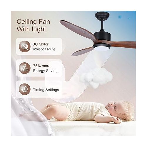  Ovlaim 132 cm Wooden Ceiling Fan with LED Lighting, Remote Control (6 Speeds), Energy-Saving DC Motor, Super Quiet, IP44 for Outdoor, Suitable for Summer and Winter, Brown