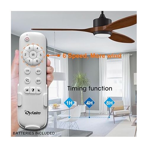  Ovlaim 132 cm Wooden Ceiling Fan with LED Lighting, Remote Control (6 Speeds), Energy-Saving DC Motor, Super Quiet, IP44 for Outdoor, Suitable for Summer and Winter, Brown