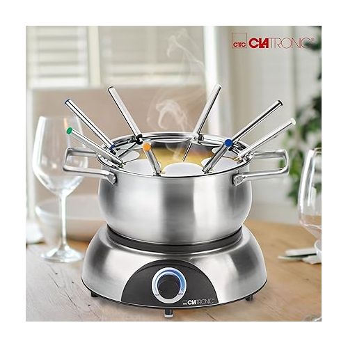  Clatronic FD 3783 Electric Fondue Pot with Removable Splash Guard, Fondue Set for 8 People with Stainless Steel Fondue Forks, Colour Coded, Capacity Max. 1.2 Litres/1400 Watt, Stainless Steel