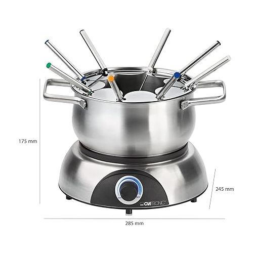  Clatronic FD 3783 Electric Fondue Pot with Removable Splash Guard, Fondue Set for 8 People with Stainless Steel Fondue Forks, Colour Coded, Capacity Max. 1.2 Litres/1400 Watt, Stainless Steel